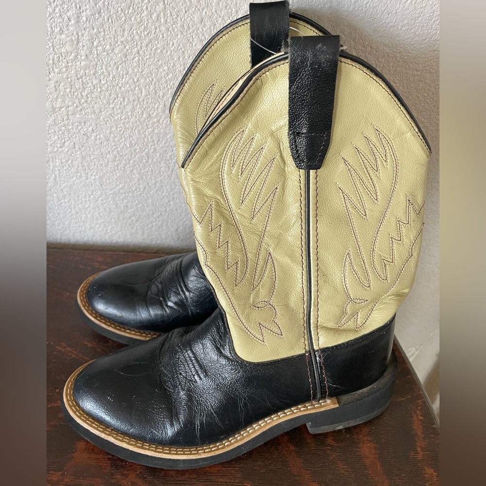 Vintage OLD WEST Cream + Black Youth Kids Size 1 Cowgirl Cowboy Boots